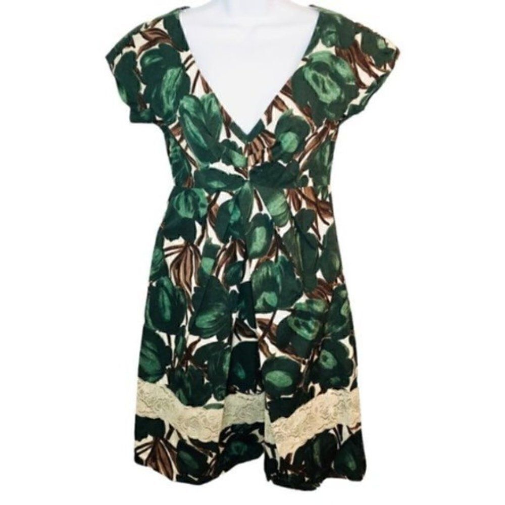 Zara Floral Pleat Front Fit and Flare Lace Bottom Dress Green S